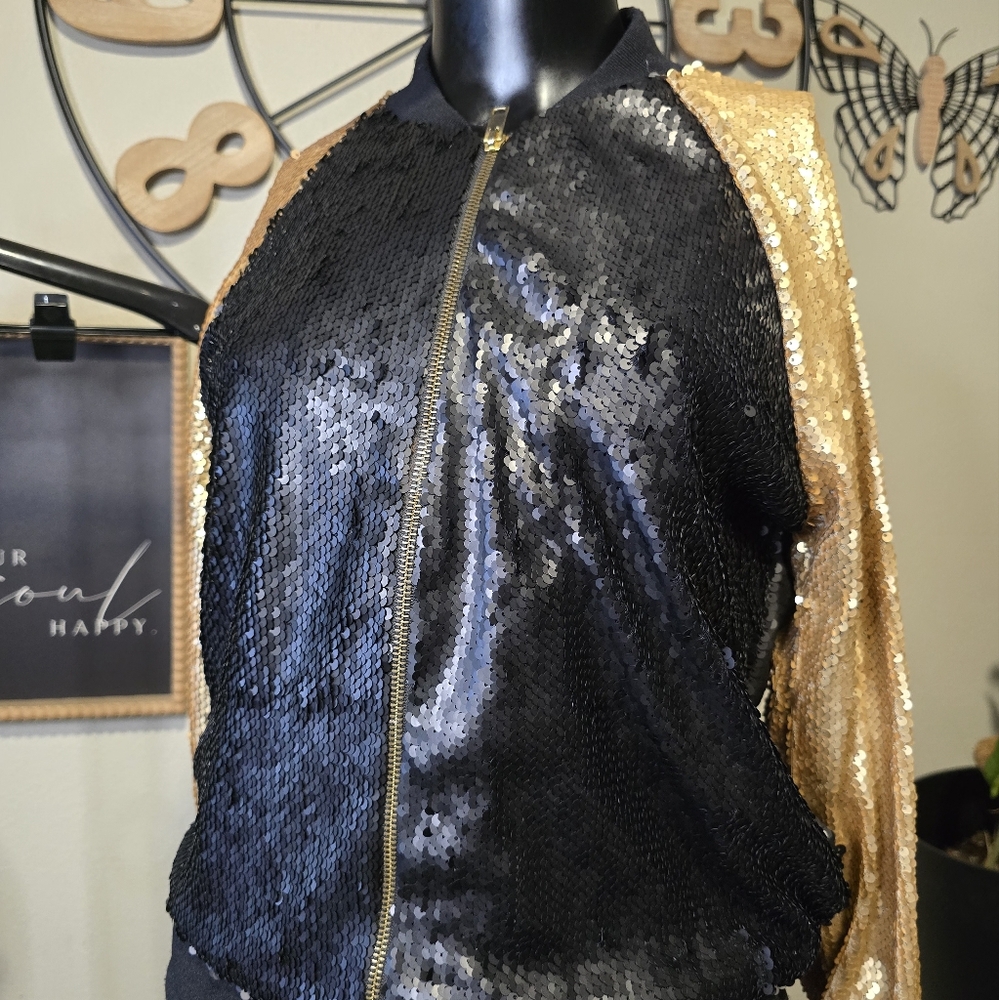 Sequin Bomber Jacket | Black & Gold | Size Small | Party-Ready Sparkle